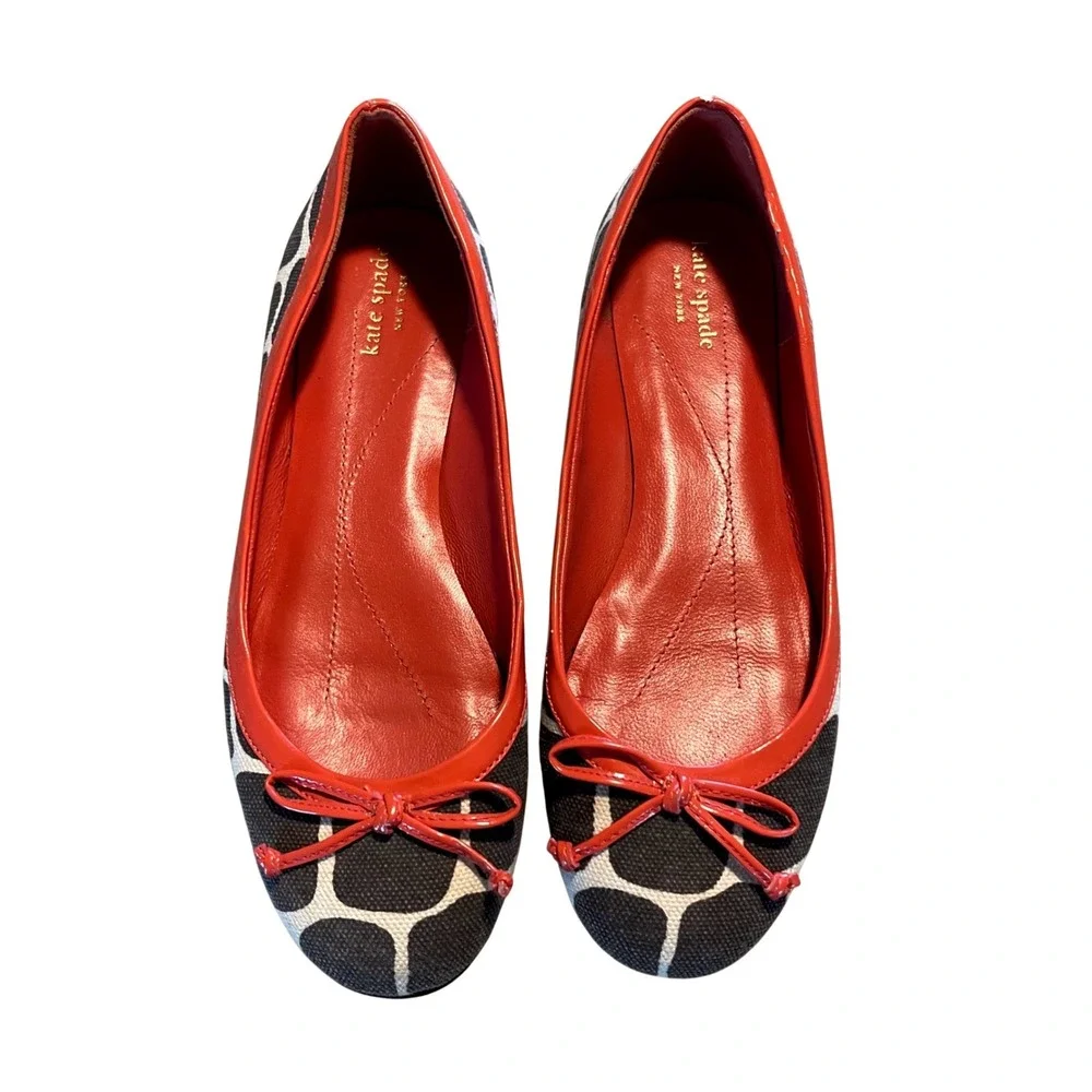 Kate Spade Giraffe Print Ballet Flats Womens 6.5M Red Orange Trim Bow Accents